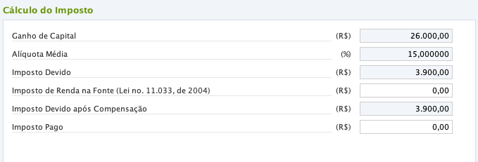 Tela de cálculo do imposto com alíquotas e valores devidos